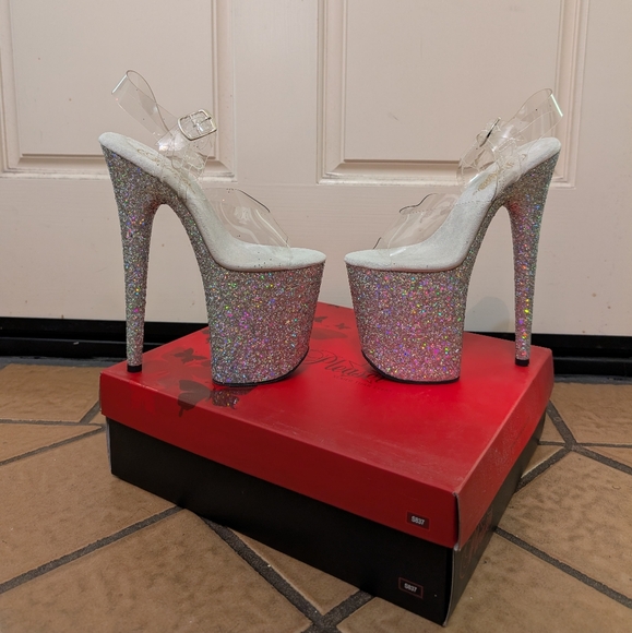 NIB Pleaser Flamingo 808-LG Silver Glitter Platform Stiletto Pole Dance Heels - Picture 2 of 12